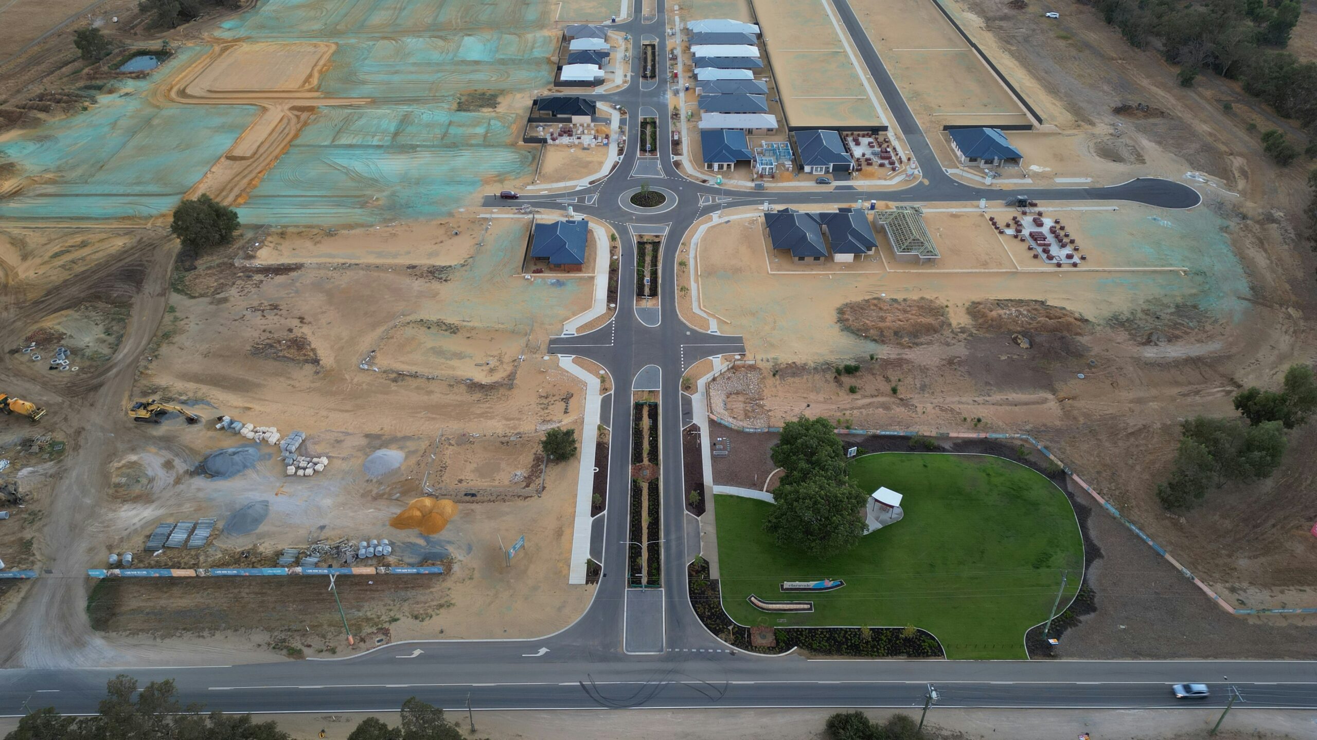 Aerial view of a large land development and construction site